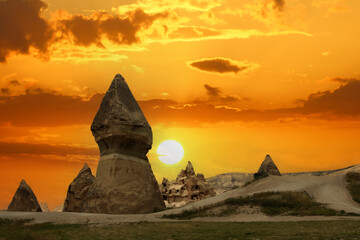 Beautiful landscape Cappadocia stone and Goreme national park Nevsehir Turkey. Amazing Sunset and...