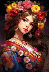 Fototapeta premium a painting of a woman with flowers in her hair and a flower crown on her head, wearing a colorful dress, generative ai