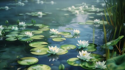 Fototapeta na wymiar serene pond life with blooming lilies in a calm water garden