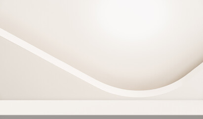 Empty white cement wall room Backdrop with line light curve foreground and floor shelf well display product and text present on free space Background