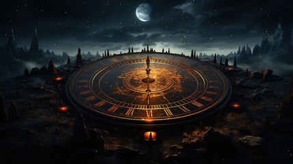 Huge dark runic alarm clock with light effects on space background. Infinity of time concept. 3D illustration.
