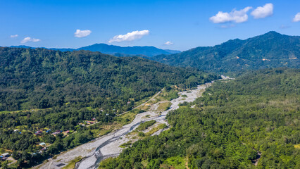 Aerial view of melangkap river and mount kinabalu on background