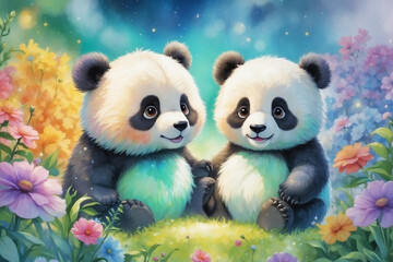 Two little pandas are sitting among the flowers