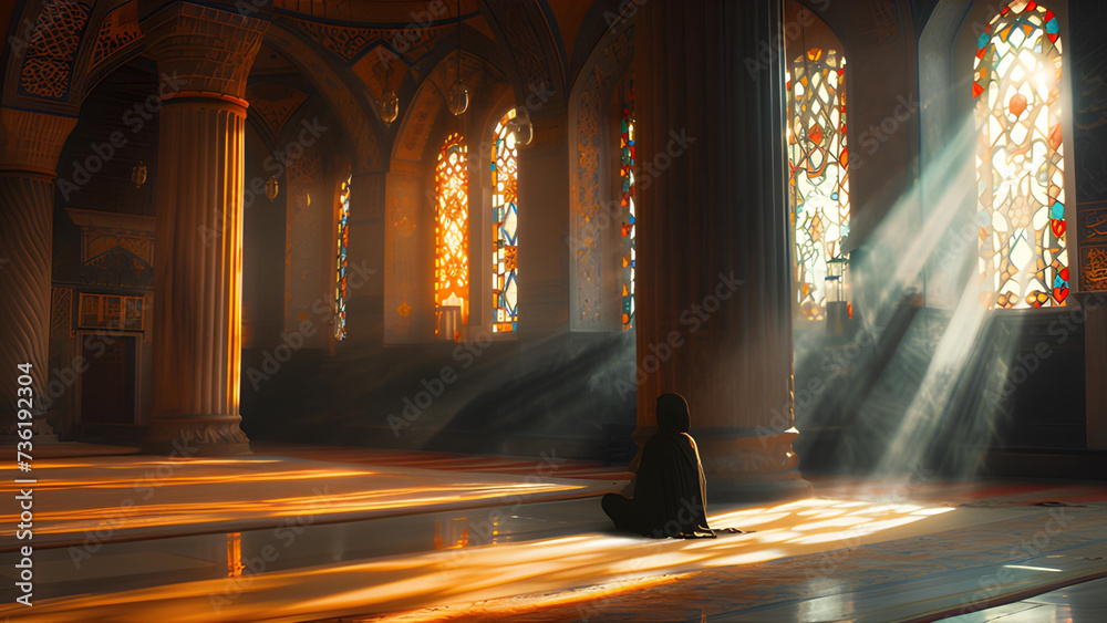 Poster rear view illustration of a muslim praying inside the mosque. islamic background