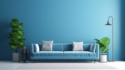 Fototapeta na wymiar Modern living room with mint blue sofa and wall.