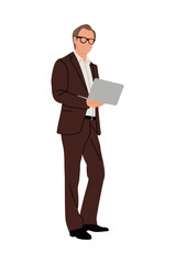 Business man working at laptop. Handsome black man wearing formal office outfit walking and looking at computer. Vector realistic illustration isolated on transparent background.
