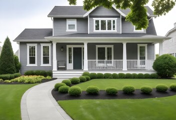 A modern gray house with white trim, a covered porch, and a landscaped front yard with a curved...