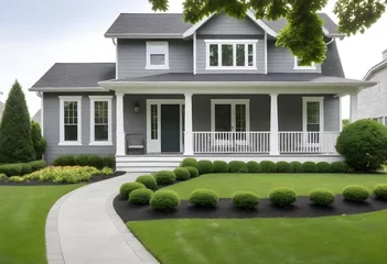 Poster A modern gray house with white trim, a covered porch, and a landscaped front yard with a curved pathway, green lawn, and decorative shrubs © JazzRock