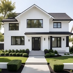 A modern house with black trim, a dark front door, and a well-manicured lawn with small shrubs