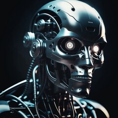 Robot Skull Cyborg Head Machine Science background. A realistic silver robot with a skull head design, glowing eyes, intricate details, and metal construction stands against a dark background