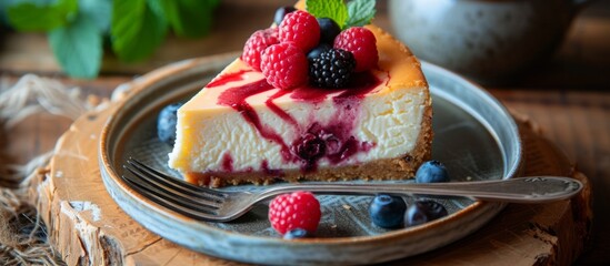 Delicious homemade cheese cake with fresh assorted berries and raspberries on top of creamy filling