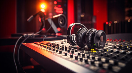 Fototapeta na wymiar Professional microphone and sound mixer in a radio.
