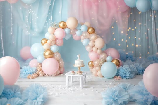 Colorful First Birthday Celebration with Cake and Balloons