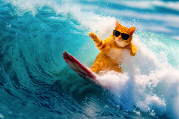 Adventurous Orange Tabby Cat in Sunglasses Riding a Surfboard on a Wave