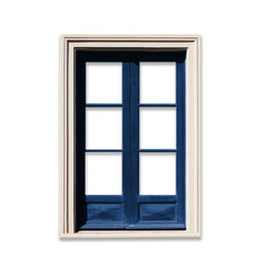 Wooden window frame isolated on white. Empty copy space rustic cottage house. Blue paint window background. Vintage cabin construction. Countryside architecture texture. Window frame cutout.