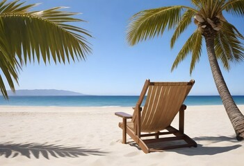 A wooden beach chair on sandy shore with palm tree leaves in the foreground and clear blue sky, calm sea, and distant hills in the background