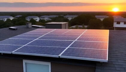 Solar panels on a roof with the sun setting on the horizon