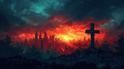 cross for easter background with city thunder and clouds in background - AI Generated