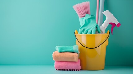 Bright cleaning supplies in a yellow bucket, household chores concept. fresh and clean home, decluttering and cleanliness. ideal for lifestyle blogs. AI
