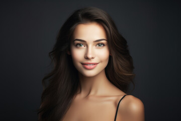 Portrait of a young woman with perfect skin, and perfect hair in a beauty salon or spa