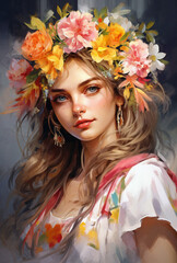 a painting of a woman with flowers in her hair and a wreath of flowers on her head, wearing a white blouse, generative ai