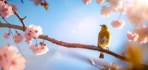 abstract art Easter songbird and beautiful morning Spring floral landscape background; Springtime Blossom sakura Cherry tree flower and robin bird