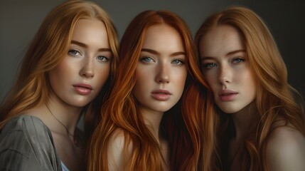 Triple redhead elegance. three sisters, portrait in soft light. fashion and beauty concept with natural style. serene, graceful women. AI