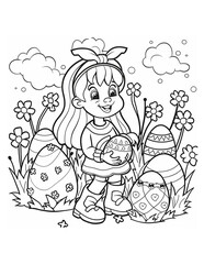 Easter coloring page for children with a girl and Easter eggs