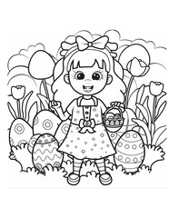 Fototapeta na wymiar Easter coloring page for children with a girl and Easter eggs