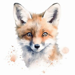 Obraz premium cute little fox closeup watercolor illustration portrait on white background