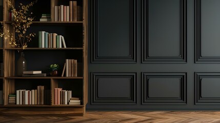 Elegant interior library corner with classic bookshelf. stylish dark walls in a modern home. comfortable, smart design for reading space. AI