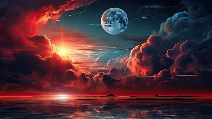 dramatic natural sky,round moon on the sea,red clouds. Shadows in moon resemble a rabbit or hare as is legend in Chinese folklore. Total solar eclipse is approaching - obrazy, fototapety, plakaty