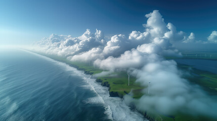Offshore wind turbines with clouds and blue-sky Ocean with wind turbines, clean energy