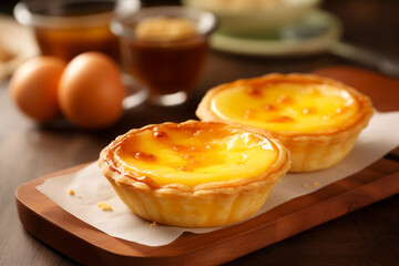 A delicious egg tart on a table with a wooden plate is the perfect sweet dessert.