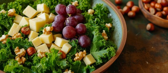 Delicious bowl of healthy food with fresh grapes, crunchy nuts, and vibrant greens for a balanced meal