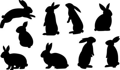 Easter bunny silhouettes, rabbit clip art set, isolated decorative elements for the holidays - obrazy, fototapety, plakaty