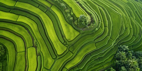 aerial view of an asian ricefield terraces, green ricefield top view