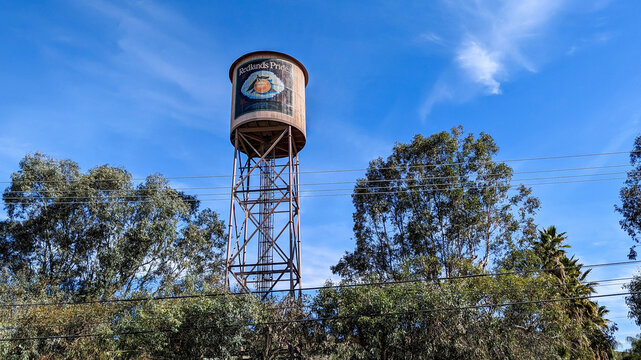 Low-angle view of the Redlands Pride water tower on January 27, 2024 in Redlands, California