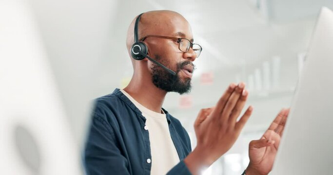 Man, computer and communication for customer care, helpdesk and operator in office. Black male person, call centre representative and tech support for assistance, networking and consultant for sales