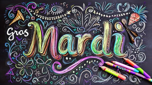 The image displays a colorful chalk drawing with the words "Mardi Gras" prominently featured in stylized lettering at the center. The background is a black chalkboard adorned with decorative elements 