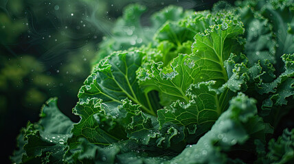 Close-up of curly kale leaves with fresh water droplets, highlighting the intricate textures and vibrant green hues.
