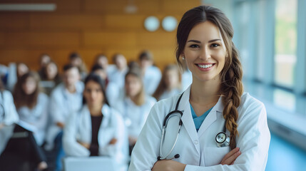 A beautiful, charming, charismatic, and smiling doctor starting a practical medicine class for female students