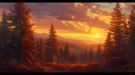 Majestic sunset over forested landscape, warm hues bathing nature in evening light. serene outdoor scene for tranquil vibes. AI