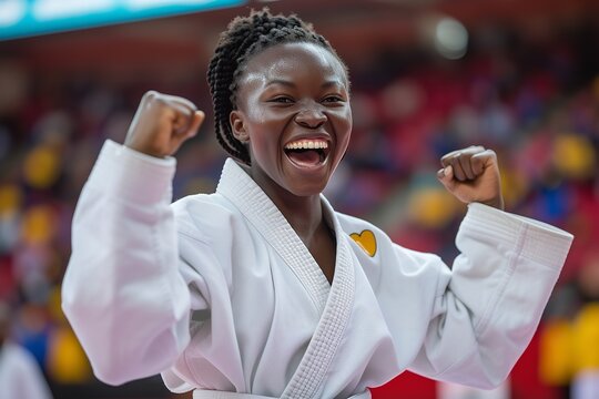A young African karate fighter is excited about her performance on stage among a plenty amount of people, Generative AI.