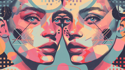 Artistic Abstract Faces in Cubist Style with Vibrant Geometric Patterns