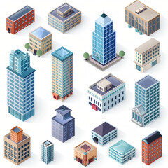 Vector illustration of isometric city buildings in urban architecture with skyscrapers, streets, and homes