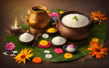 Obraz na płótnie Canvas Happy Pongal Celebration Background With Traditional Dish Rice In Mud Pot and flowers. Pongal Harvest Festival India celebrated by Tamil