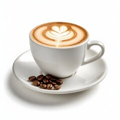 A cup of coffee, cappuccino with latte art on top, on a saucer with three coffee beans beside it, white background