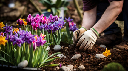 Planting spring flowers in the garden.