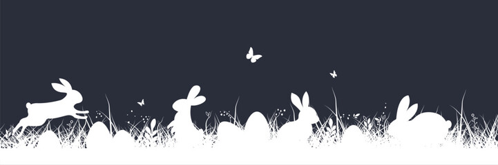 Easter background. Easter banner with grass and bunny. Easter bunny or rabbit with eggs and butterfly on the grass